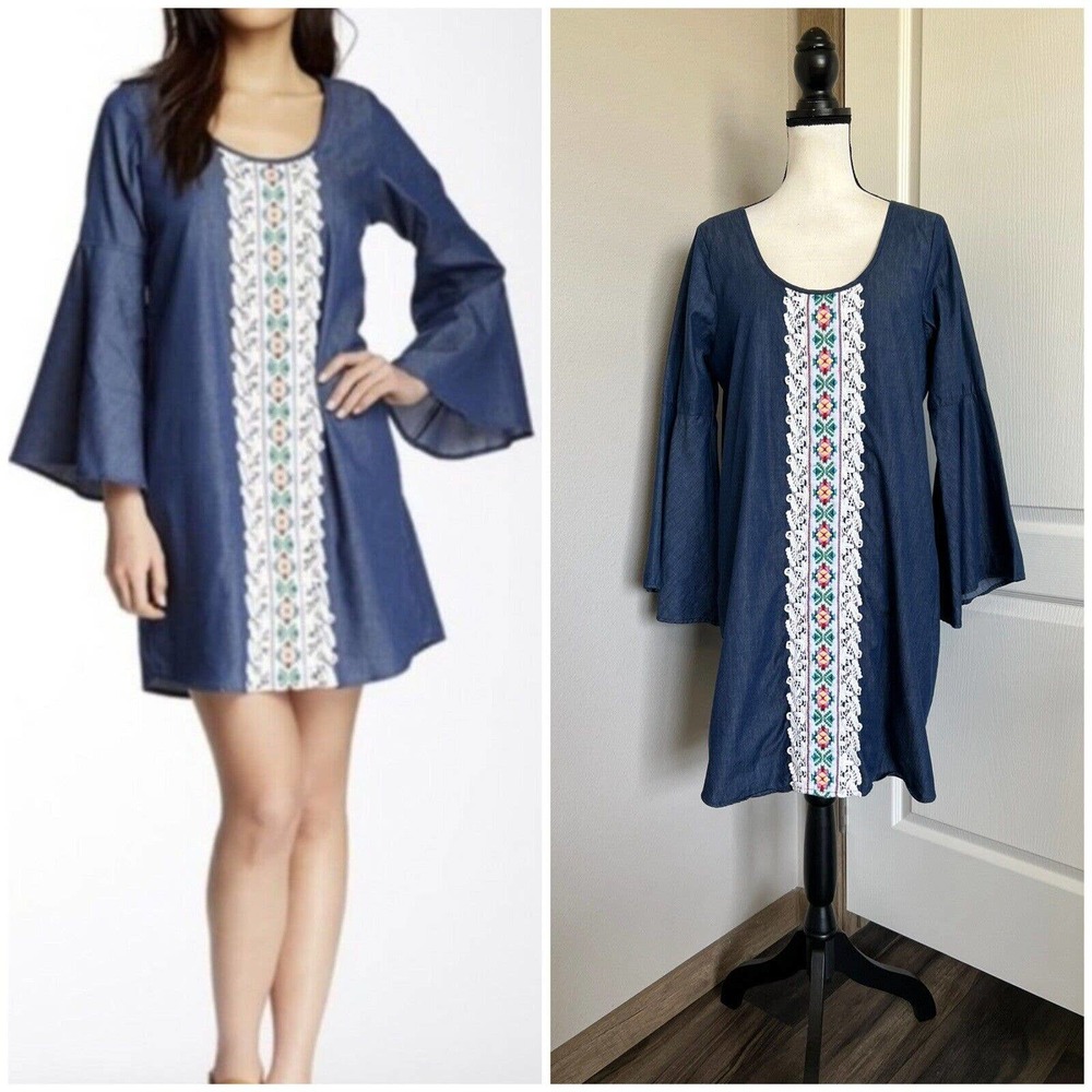 VaVa By Joy Han Sz L Chambray Bell Sleeve Mini Dress Embroidered Boho Festival
